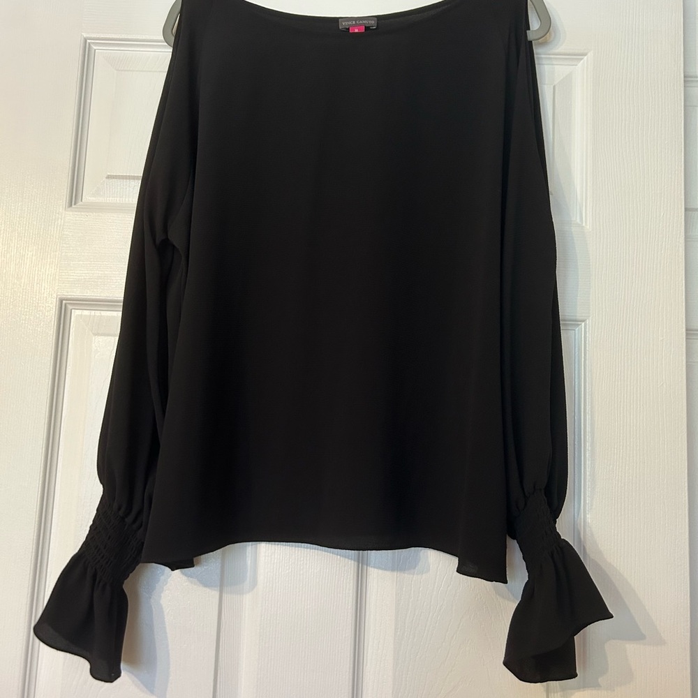 Elegant Black Open Side Slit Arms with Ruffle Wrist Women's Blouse
